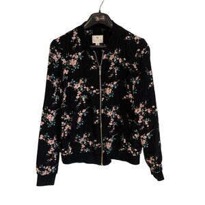 Lila Rose Floral Bomber Jacket Black Pink & Green Blossoms Small